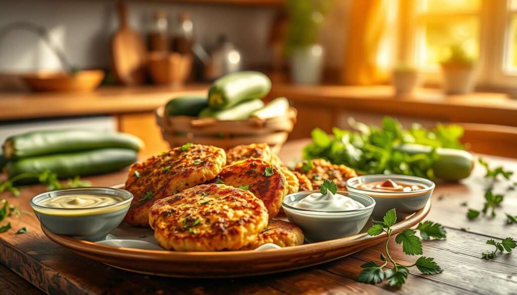 Zucchini-Puffer mit Dips und Saucen