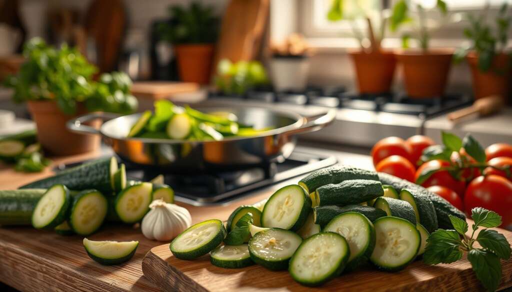 Zutaten für Zucchini in der Pfanne